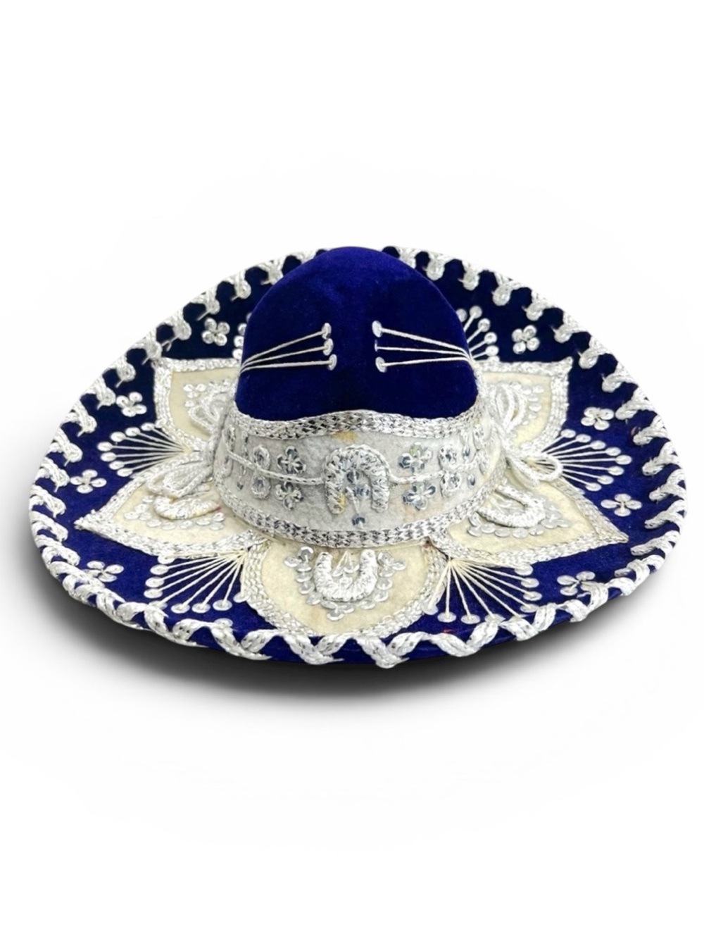 BELRI HATS Mexican Mariachi Sombrero Blue Velvet with Silver & White Embroidery